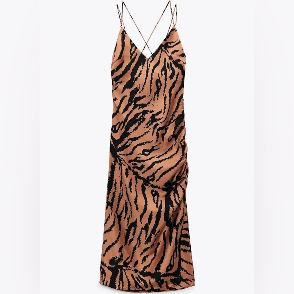 Zara Tiger Print Satin Effect Midi Dress